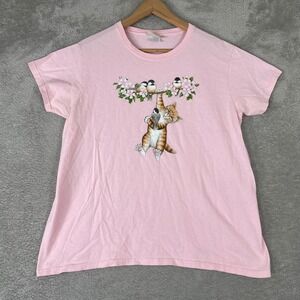 Vintage Top Stitch Shirt Womens Large Pink Cat Nature Birds Graphic Tee 90s